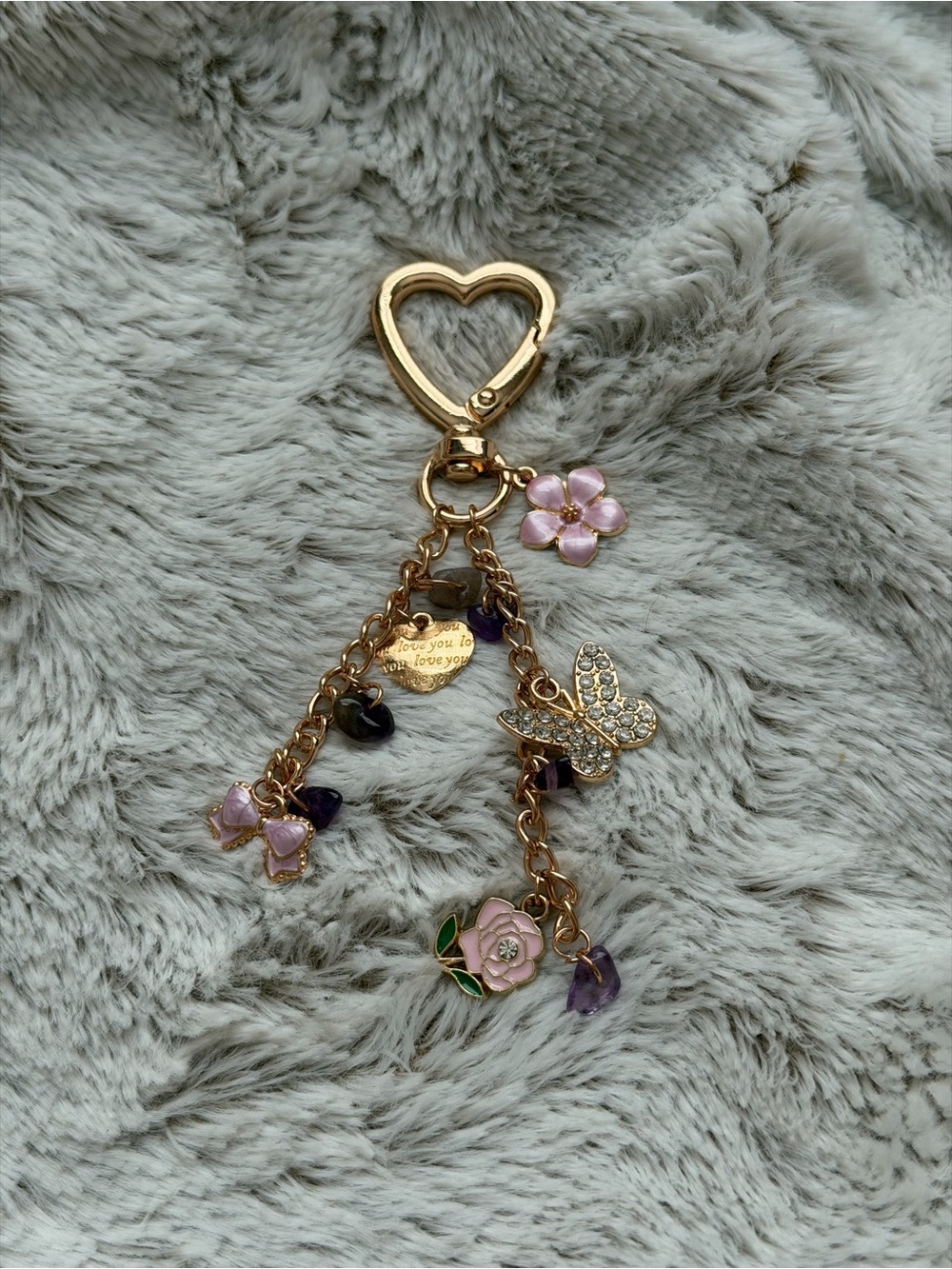 Gold-Tone Pink Flower & Butterfly bag charm with amethyst